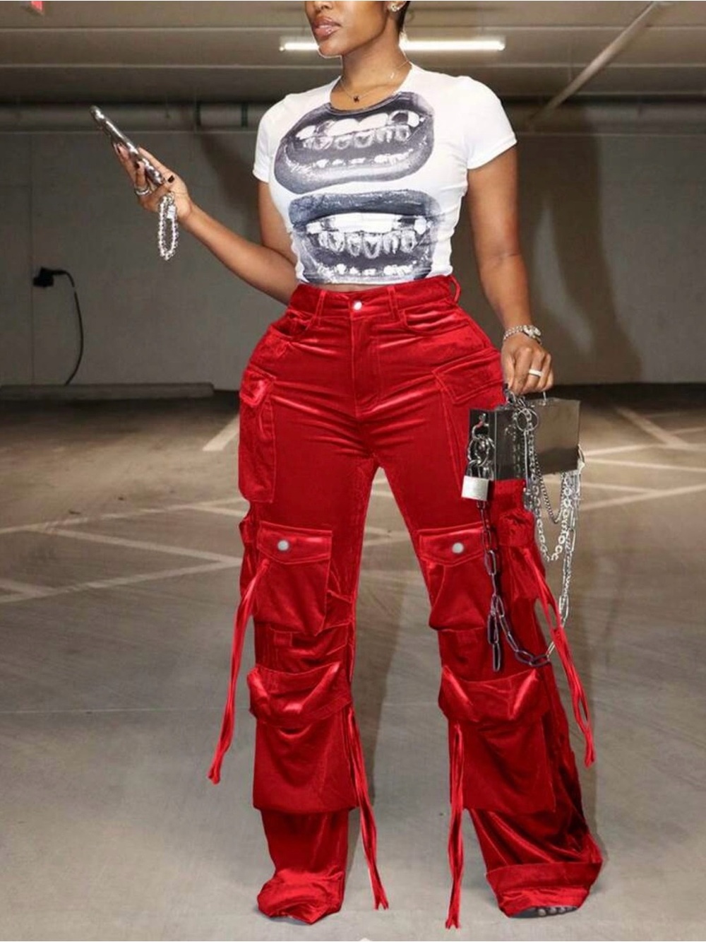 Red Wide-Leg Velvet Cargo Pants